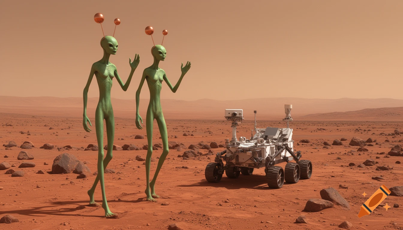 Two tall green aliens with deely bobbers on their heads wave at a Perseverance rover on a rocky Martian desert.