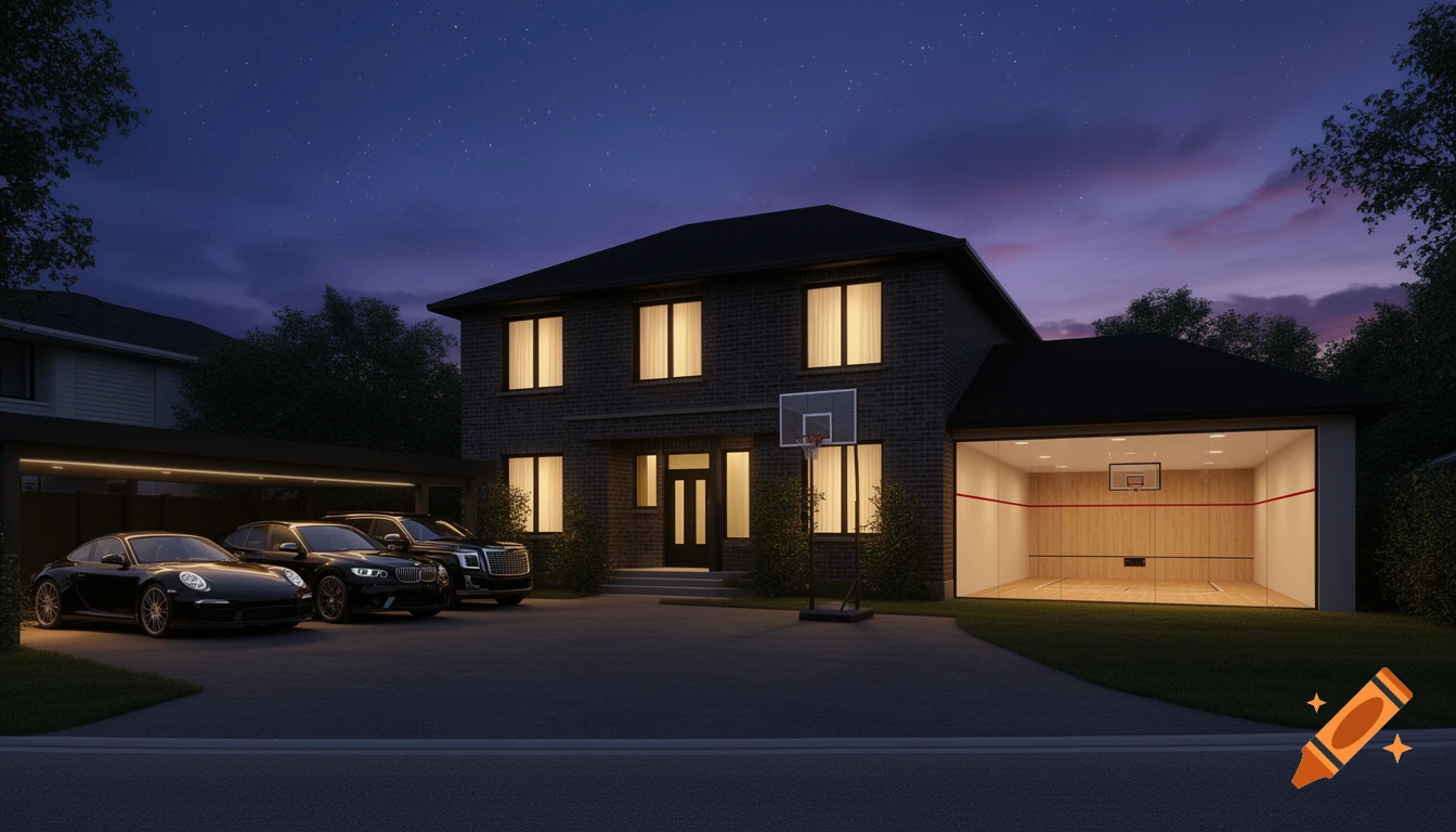 Photorealistic night view of a modern two-story house with luxury cars in an open garage and an indoor squash and basketball court with a glass wall.