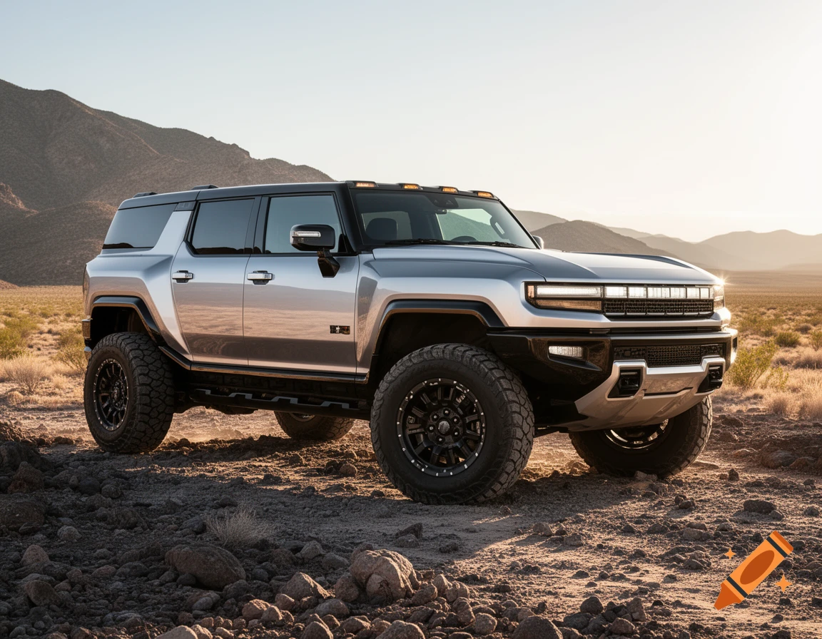 A silver Hummer EV SUV is parked on a rocky desert landscape under a clear sky, with mountains in the background.