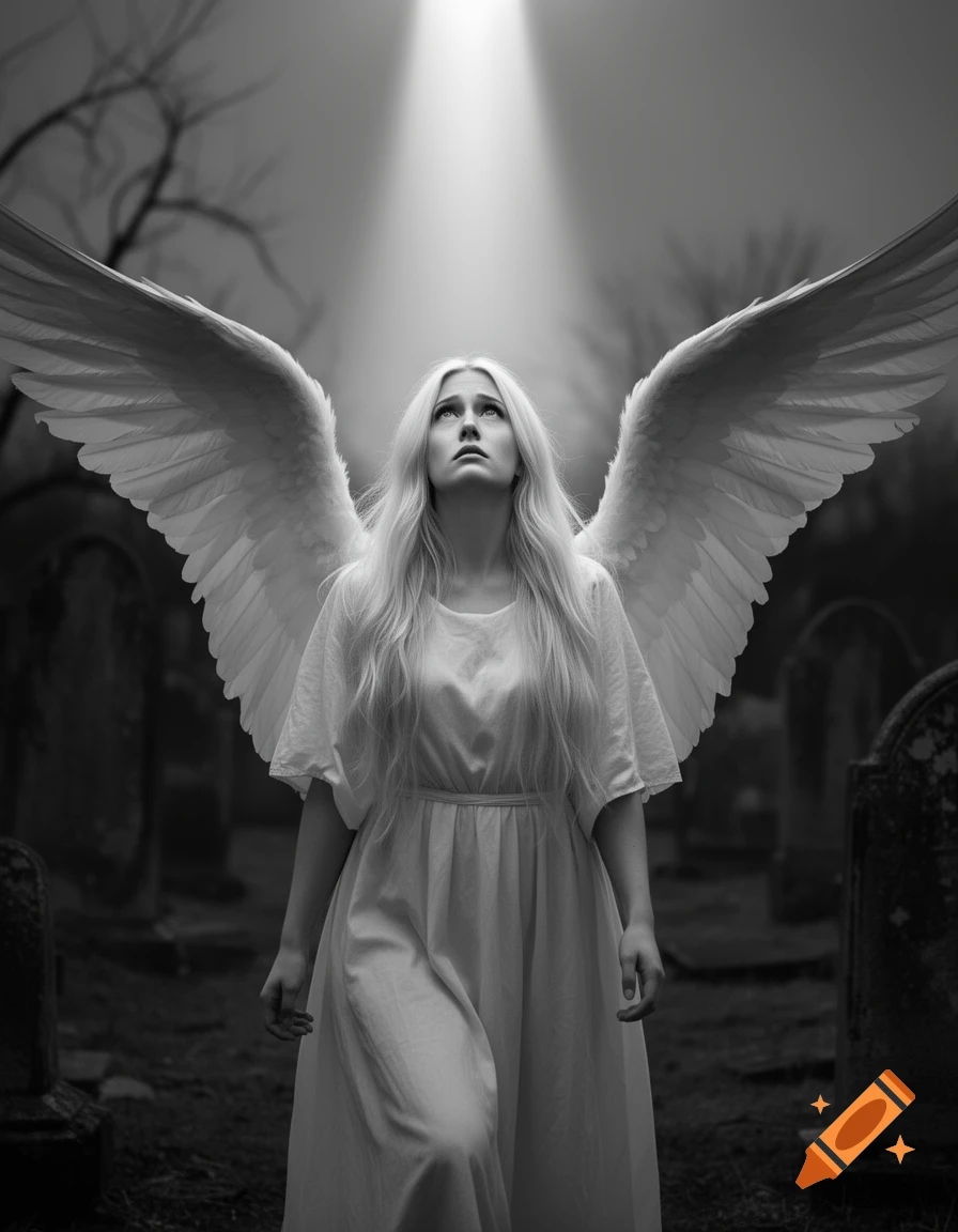 A black and white image of a blonde female angel with large wings looking up at a beam of light in a dark graveyard.