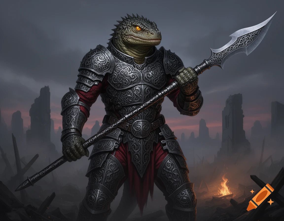 A formidable lizard warrior in ornate dark fantasy armor holds a detailed spear amidst misty ruins and a small fire.
