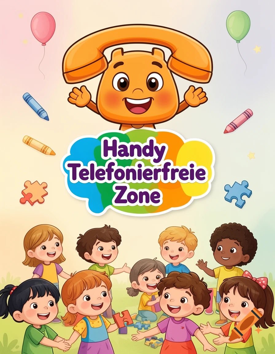 Smiling cartoon phone and diverse children playing. Text reads 'Handy Telefonierfreie Zone' (Mobile Phone Free Zone) on a colorful cloud.