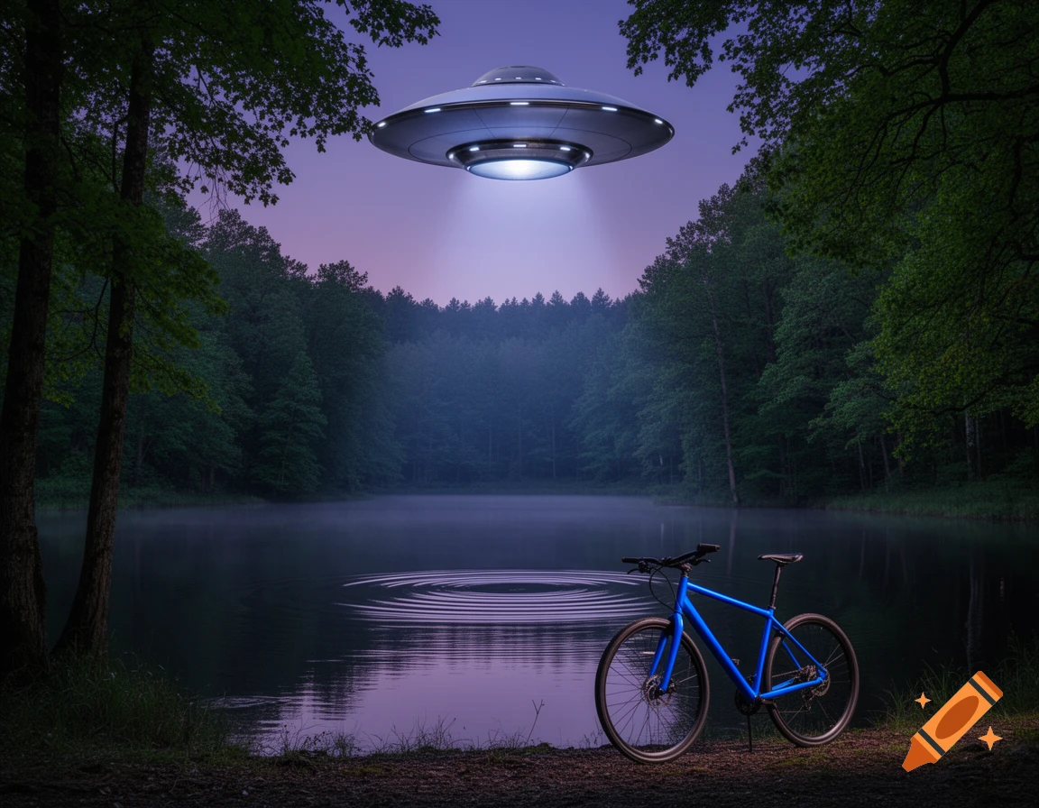 A bright blue bicycle stands by a misty lake with dense forest under a glowing UFO, twilight sky, photorealistic.