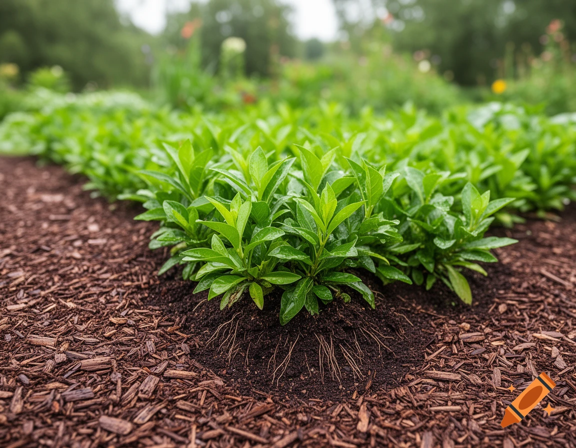 Close-up of vibrant green plants in a garden bed with exposed roots in soil and surrounding wood mulch, photorealistic.