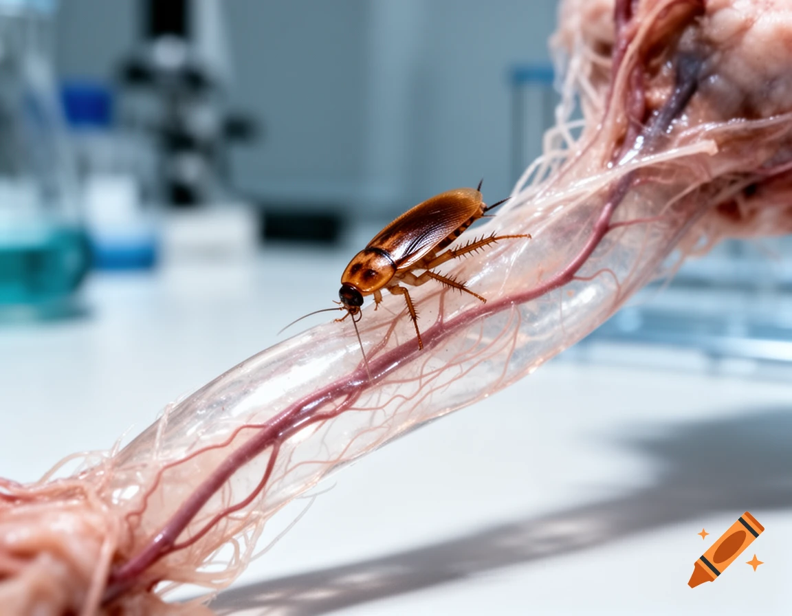 A photorealistic image of a cockroach crawling along a translucent biological tube with visible red veins in a lab.