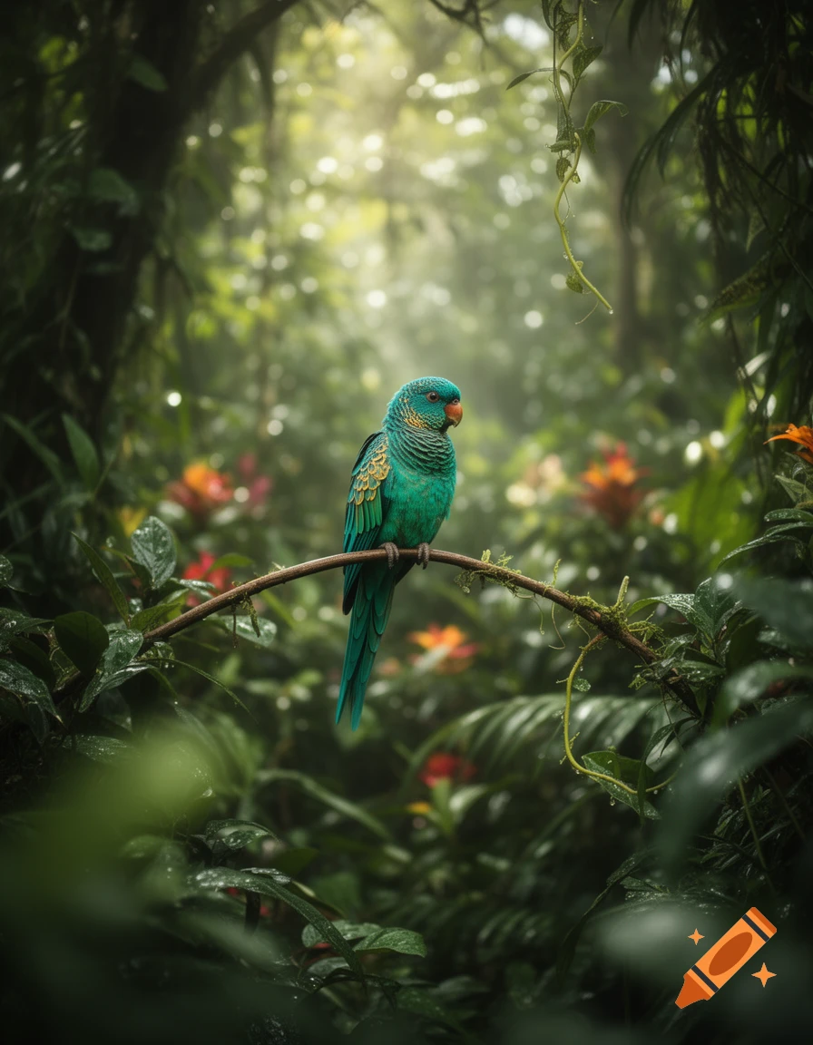 A vibrant teal parrot perches on a branch in a lush, misty jungle with sunlight filtering through the canopy.