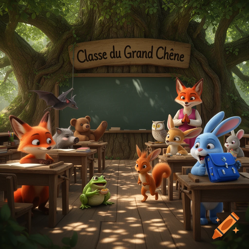 Cartoon animals, including foxes, a rabbit, a frog, and a squirrel, attend a forest classroom under a large oak tree.