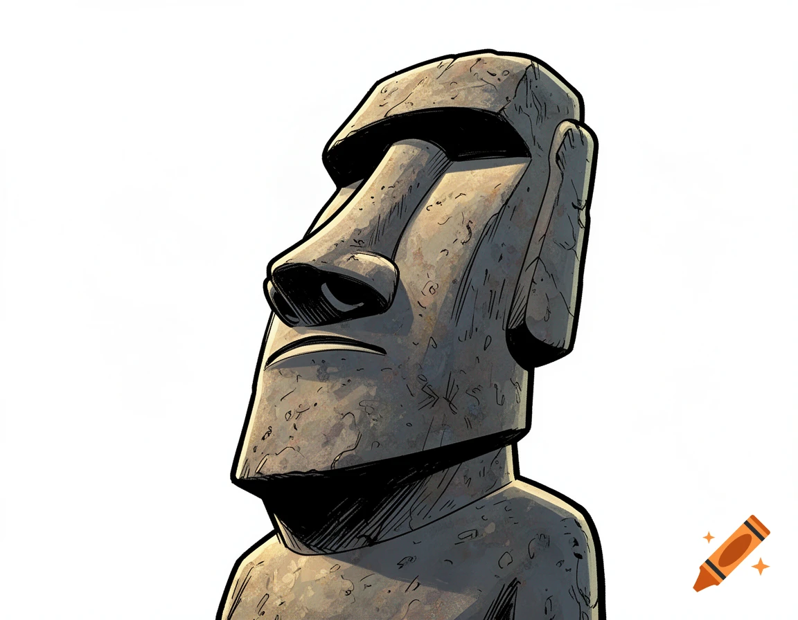A comic art illustration of an Easter Island Moai statue, depicted in an angled view against a white background.