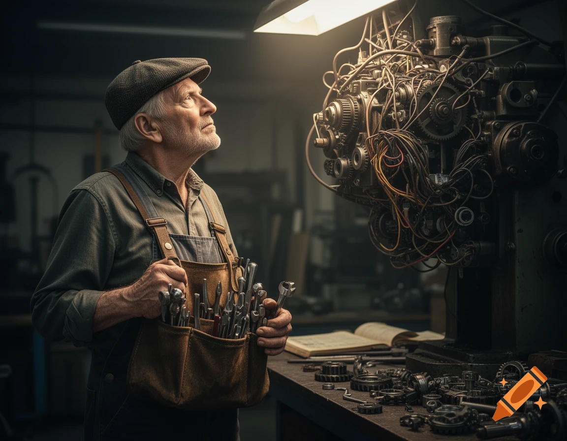 An older craftsman in a flat cap and apron, holding a bag of tools, looks up at a complex, wired machine in a dimly lit workshop.