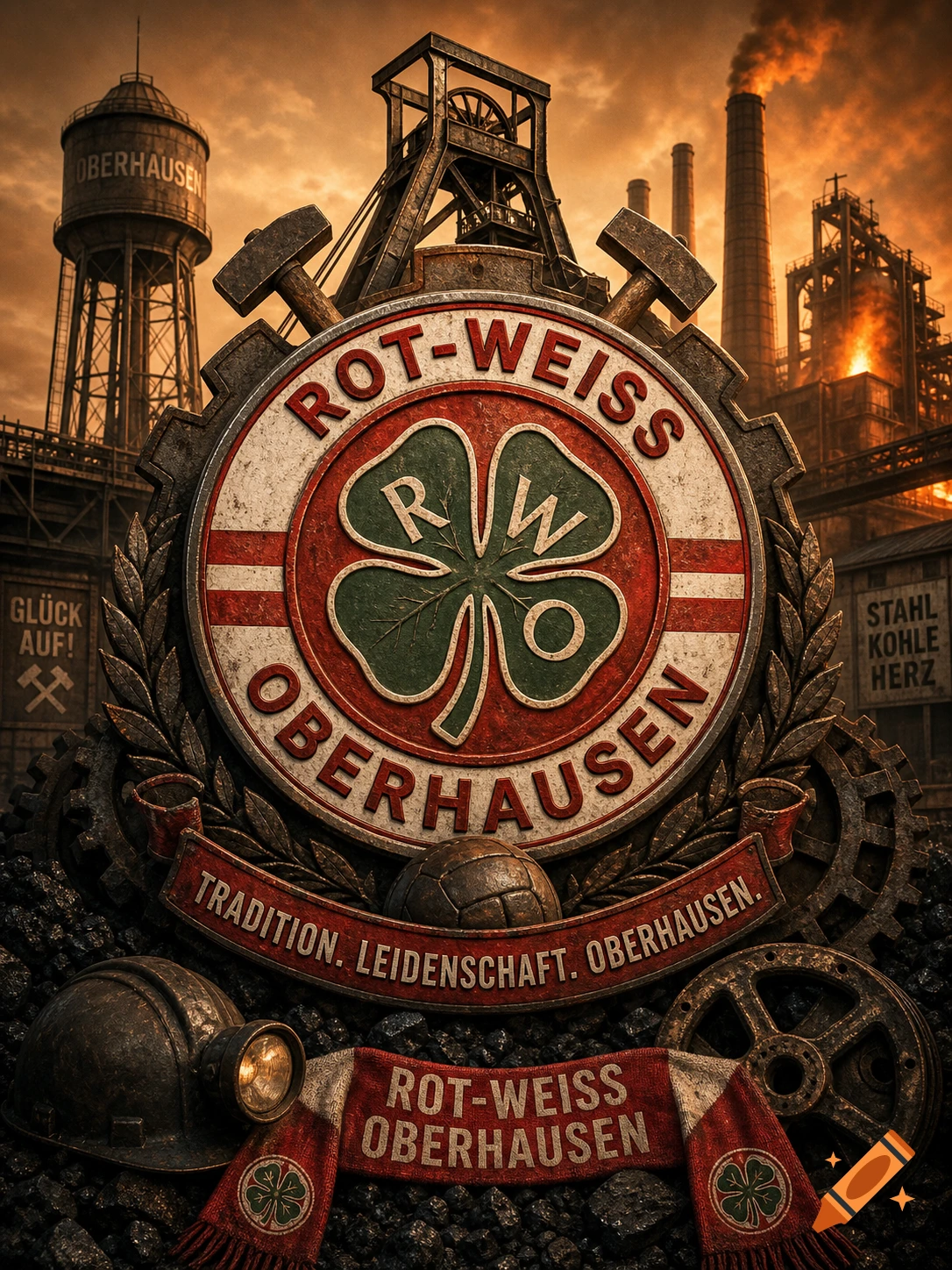 A detailed Rot-Weiss Oberhausen football club emblem set against a backdrop of mining and steel industry structures, featuring a miner's helmet, tools, and a football in a dark, gritty style.