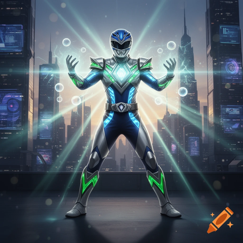 A blue and green Power Ranger-like hero with glowing energy stands in a futuristic city setting.
