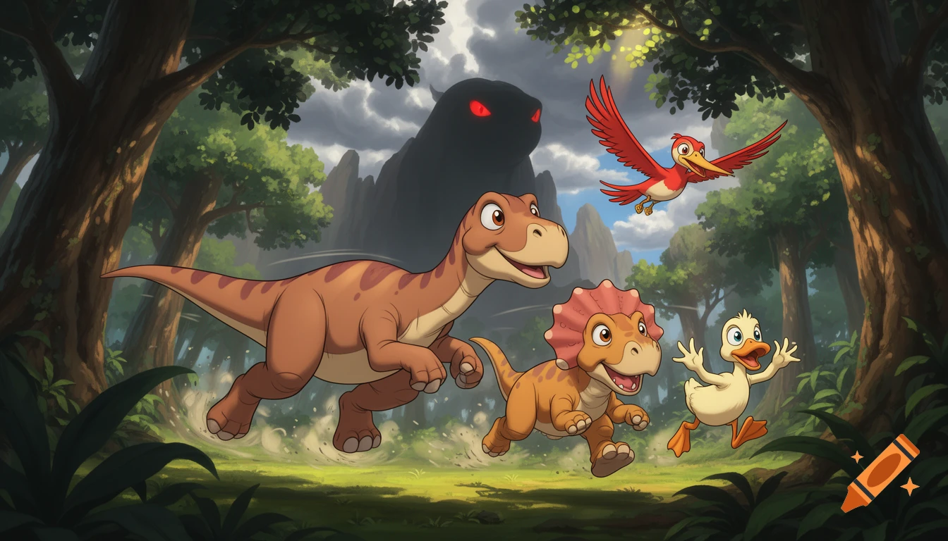 Cartoon dinosaurs (long-neck, triceratops), duckling, and red bird flee through a forest from a shadowy, red-eyed figure.