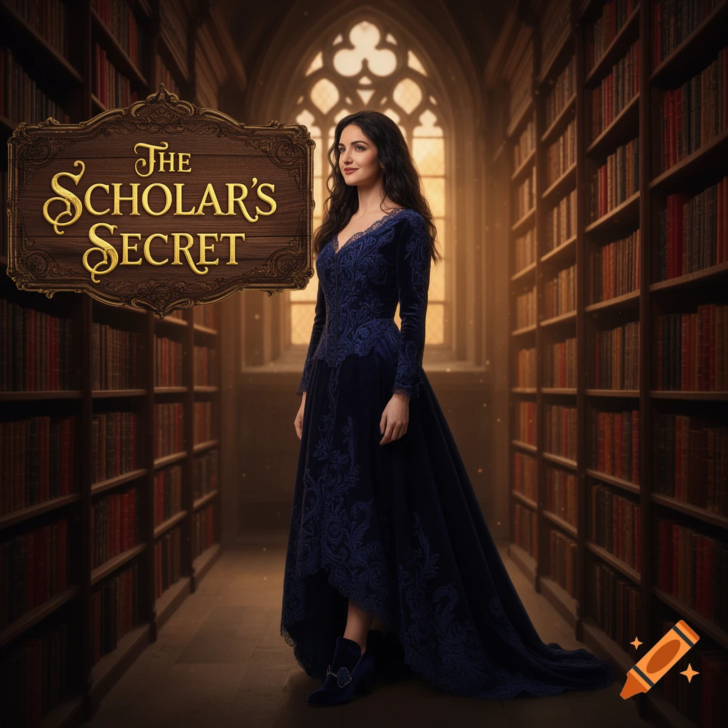 Photorealistic portrait of a woman in an ornate blue gown in a library, with the title 'The Scholar's Secret'.