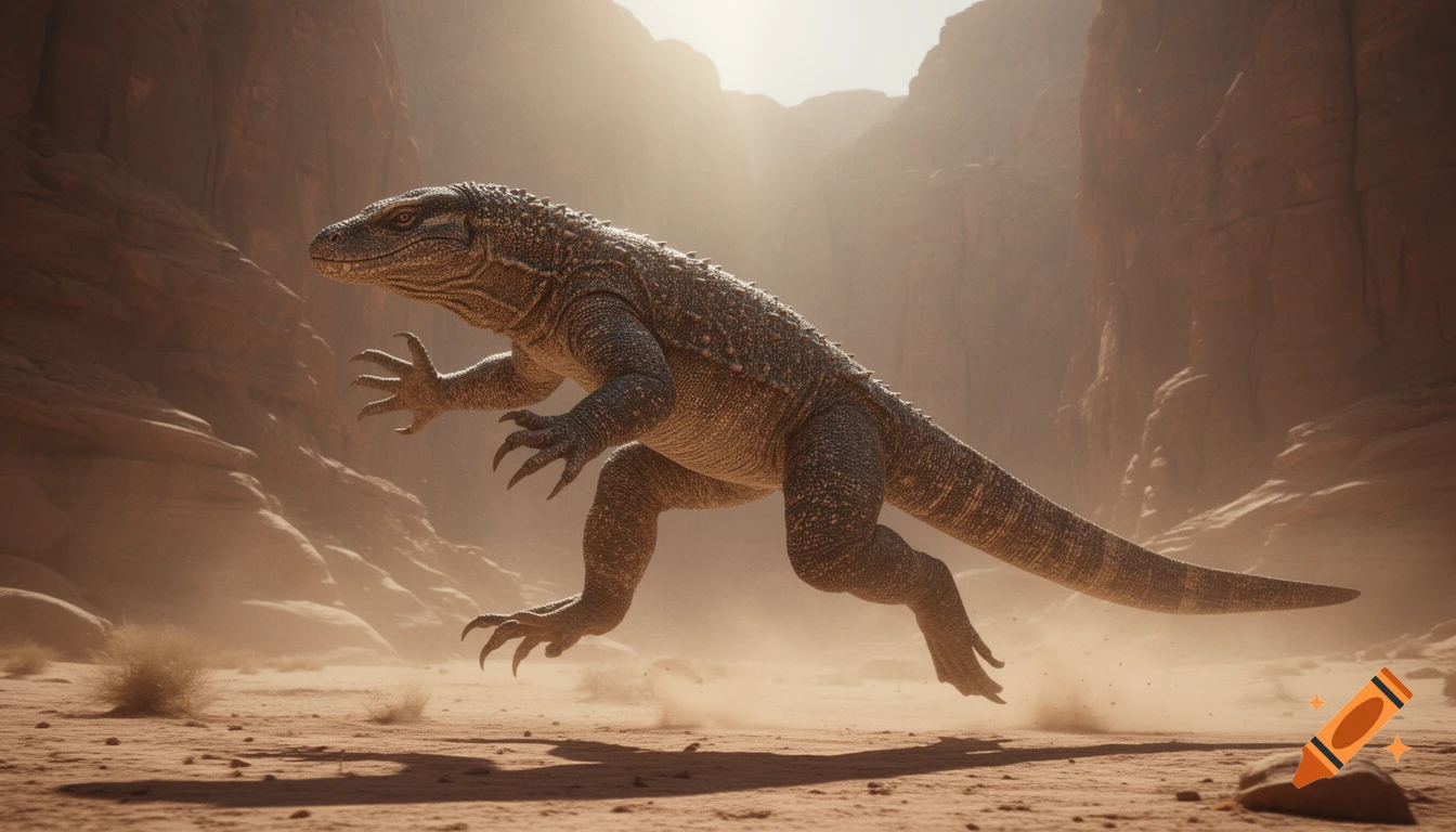 A photorealistic bipedal monitor lizard-like reptile sprints through a dusty desert canyon with sunlight streaming through.