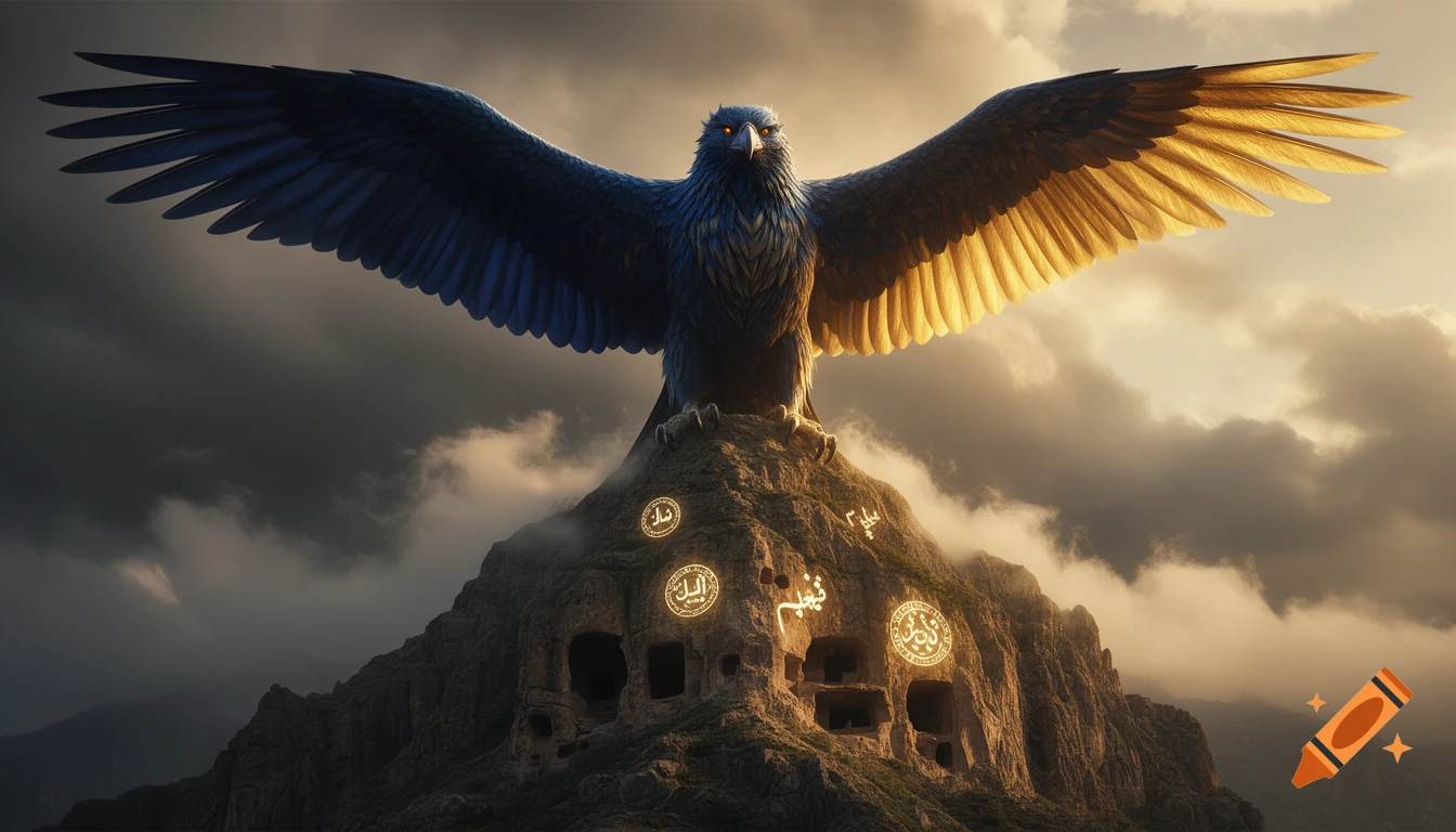 A majestic blue and gold feathered bird with outstretched wings perches on a rugged, ancient mountain adorned with glowing mystical symbols under a dramatic, cloudy sky.