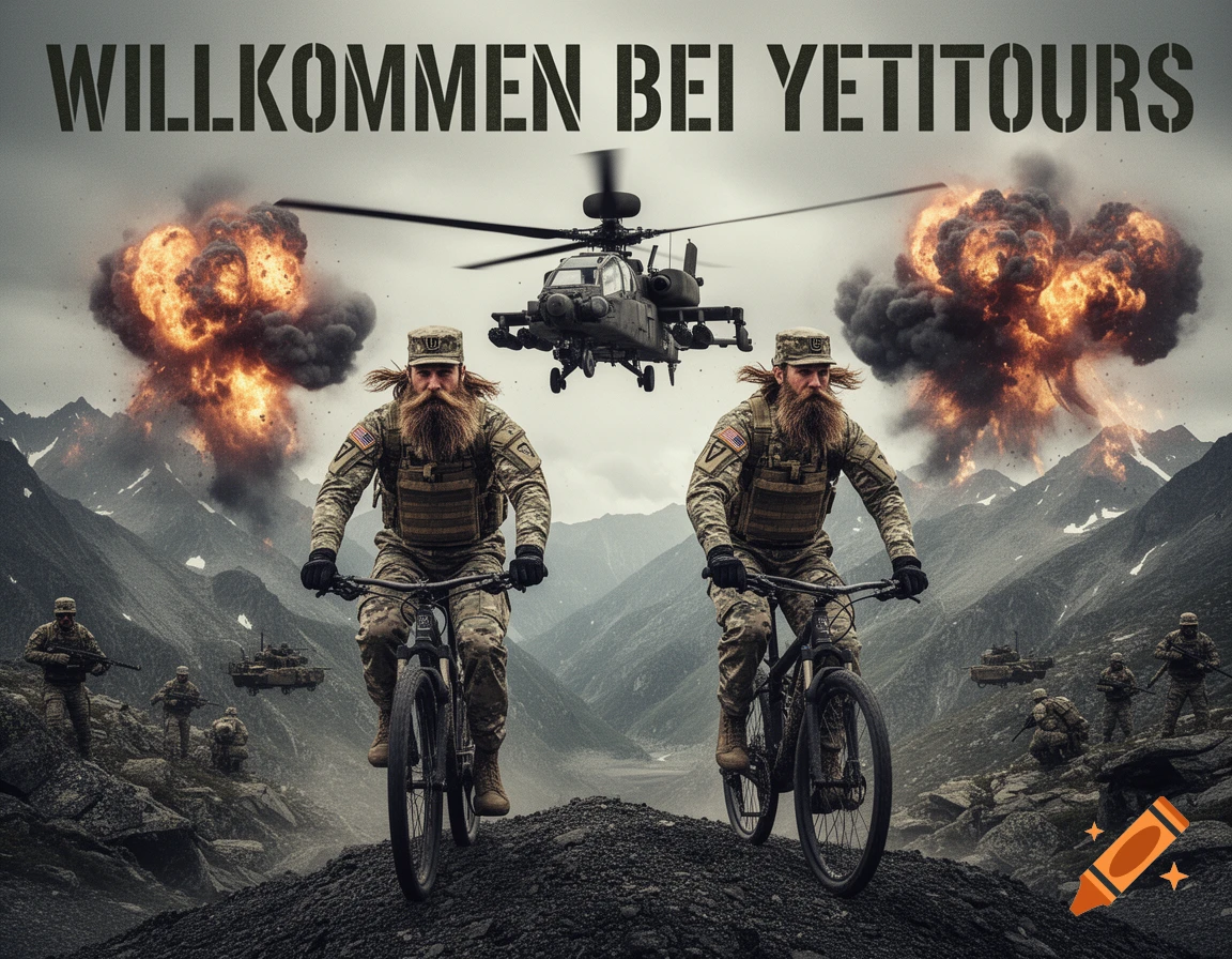 Two bearded soldiers on mountain bikes with military background: helicopter, explosions, and mountains. Text: "WILLKOMMEN BEI YETITOURS".