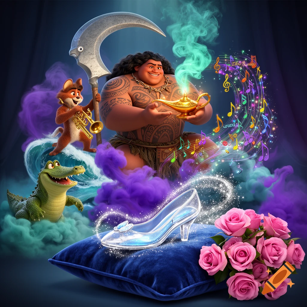 Maui holds a magic lamp, a fox plays a trumpet, and an alligator floats near a glass slipper on a pillow and pink roses amidst magic.