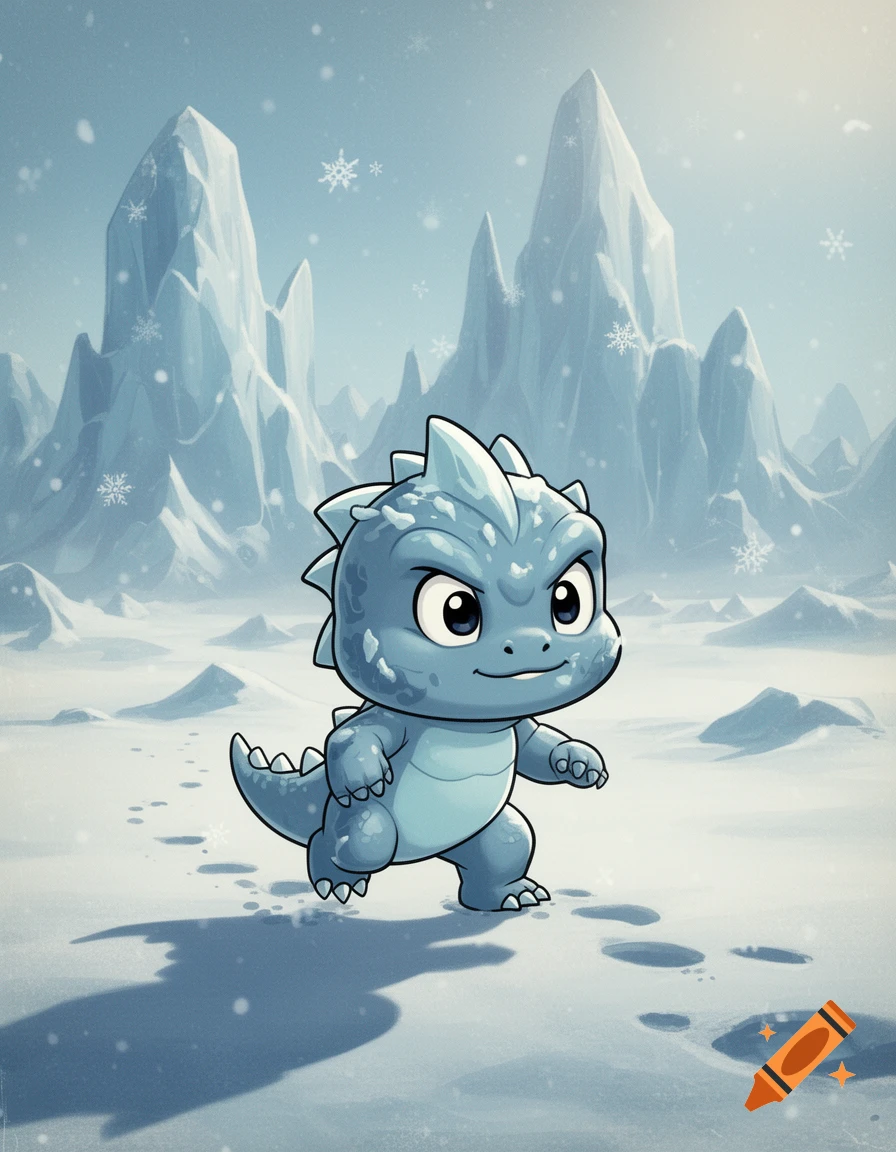 A cute, blue, chibi dinosaur-like creature walks through a snowy arctic landscape with icy mountains and falling snowflakes in a cartoon style.