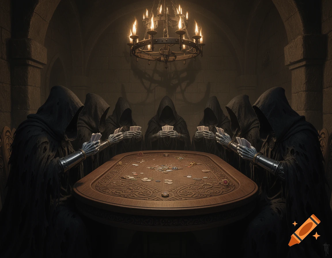 Dark hooded figures with skeletal hands play poker at an ornate table in a medieval-style, dimly lit chamber.