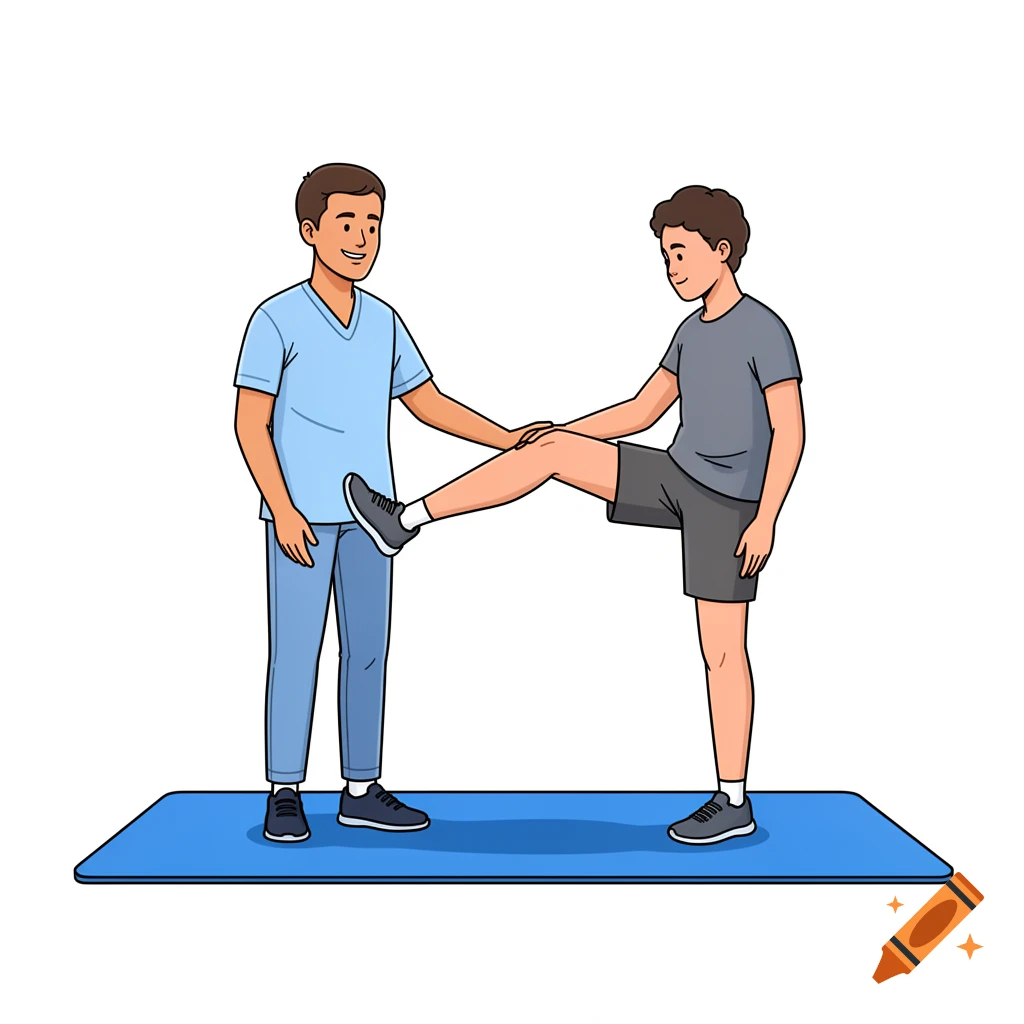 A physiotherapist in blue scrubs helps a patient in a grey shirt and shorts with a leg exercise on a blue gym mat, in a comic style illustration.