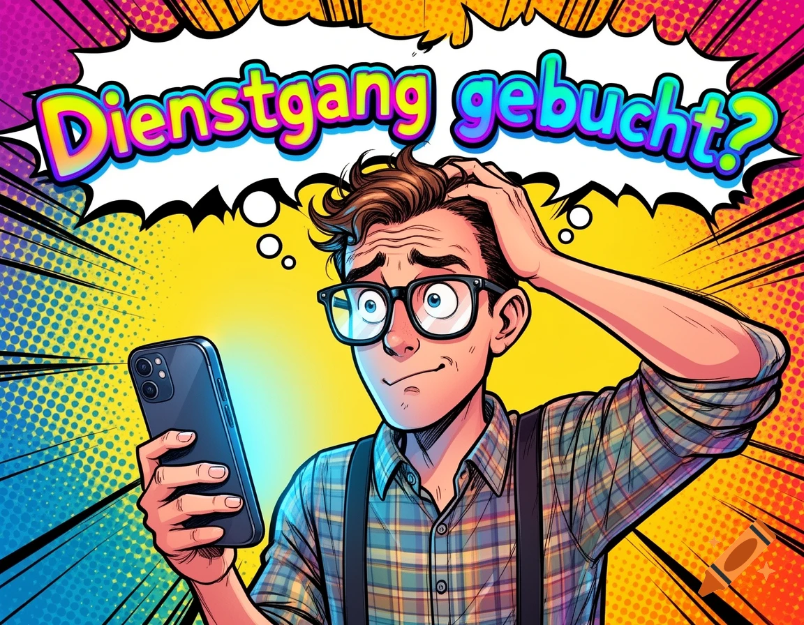 A cartoon man with glasses scratches his head, looking confused while holding a smartphone, with German text in a speech bubble.