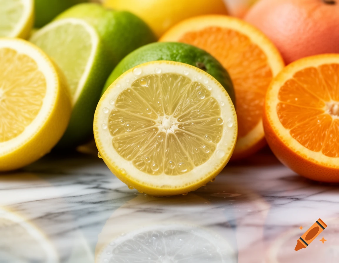 Close-up of freshly cut lemons, limes, and oranges with water droplets on a marble surface, reflecting the citrus.