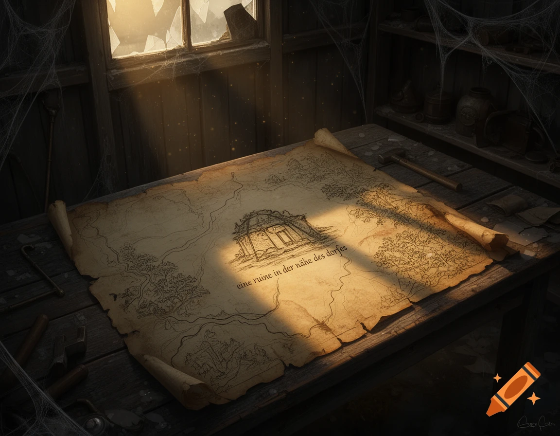 An old, tattered map lies on a dusty wooden table in an abandoned shed, illuminated by sunlight through a broken window.