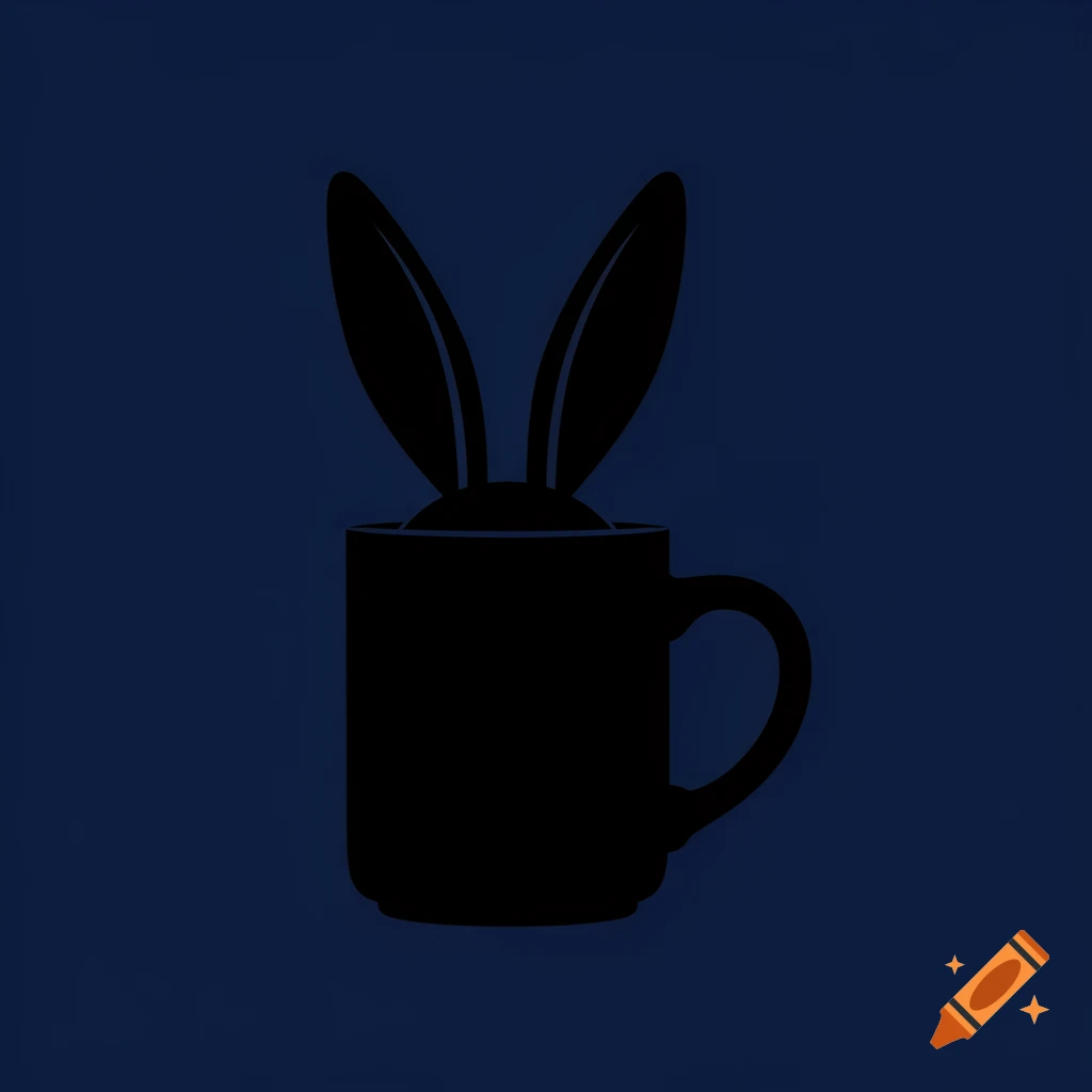 Minimalist silhouette icon of a matte black coffee mug with long rabbit ears poking out, on a deep navy background.