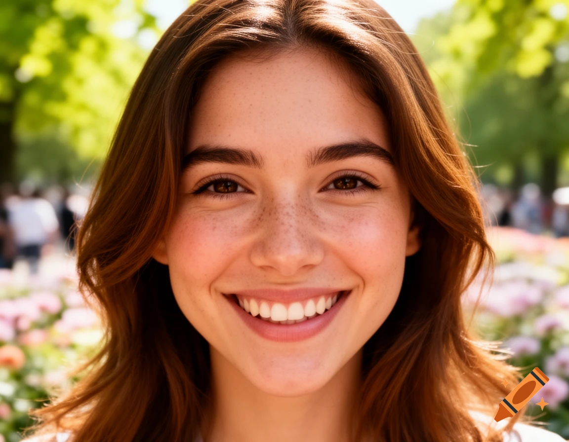 Photorealistic close-up portrait of a smiling young woman with freckles and brown hair, outdoors among green trees and pink flowers.