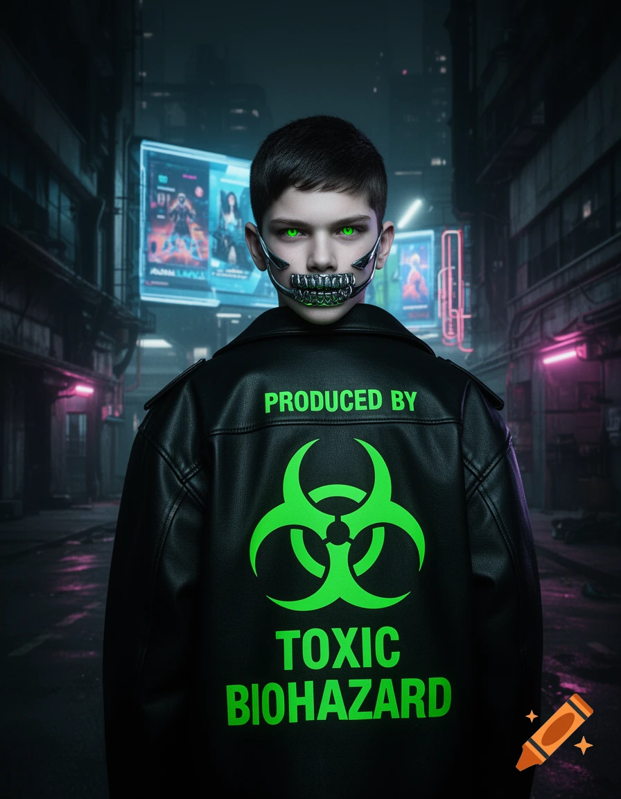 A boy with bright green eyes and a metallic mouth grill wears a black leather jacket with a green biohazard symbol and 'Produced by Toxic Biohazard' text in a neon-lit cyberpunk alley.