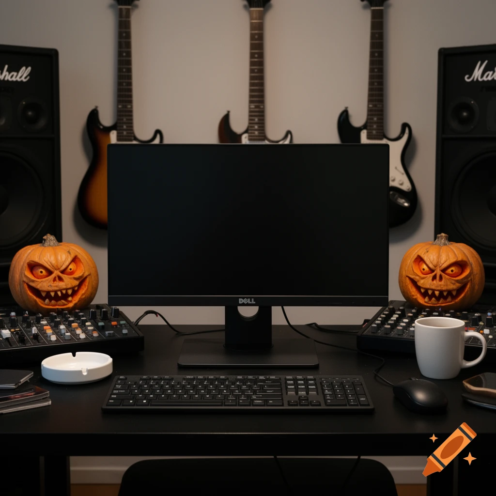 Dell monitor, mixing boards, and two carved Halloween pumpkins on a desk, with guitars and Marshall speakers in the background.
