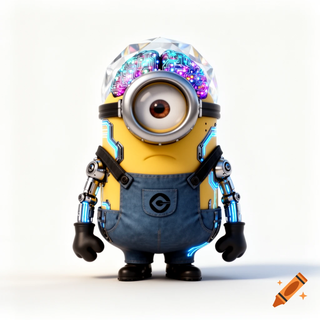 A minion character with a glowing circuit board AI brain in a diamond head, robotic arms, and glowing blue circuits on its body, wearing denim overalls on a white background.