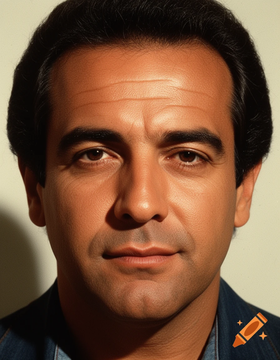 Close-up portrait of a man with dark hair, sun-kissed skin, and defined facial features, in a 1980s photograph style.