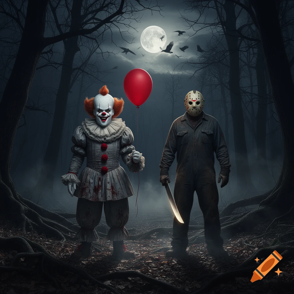 Pennywise holding a red balloon and Jason Voorhees with a machete stand in a dark, foggy forest under a full moon.