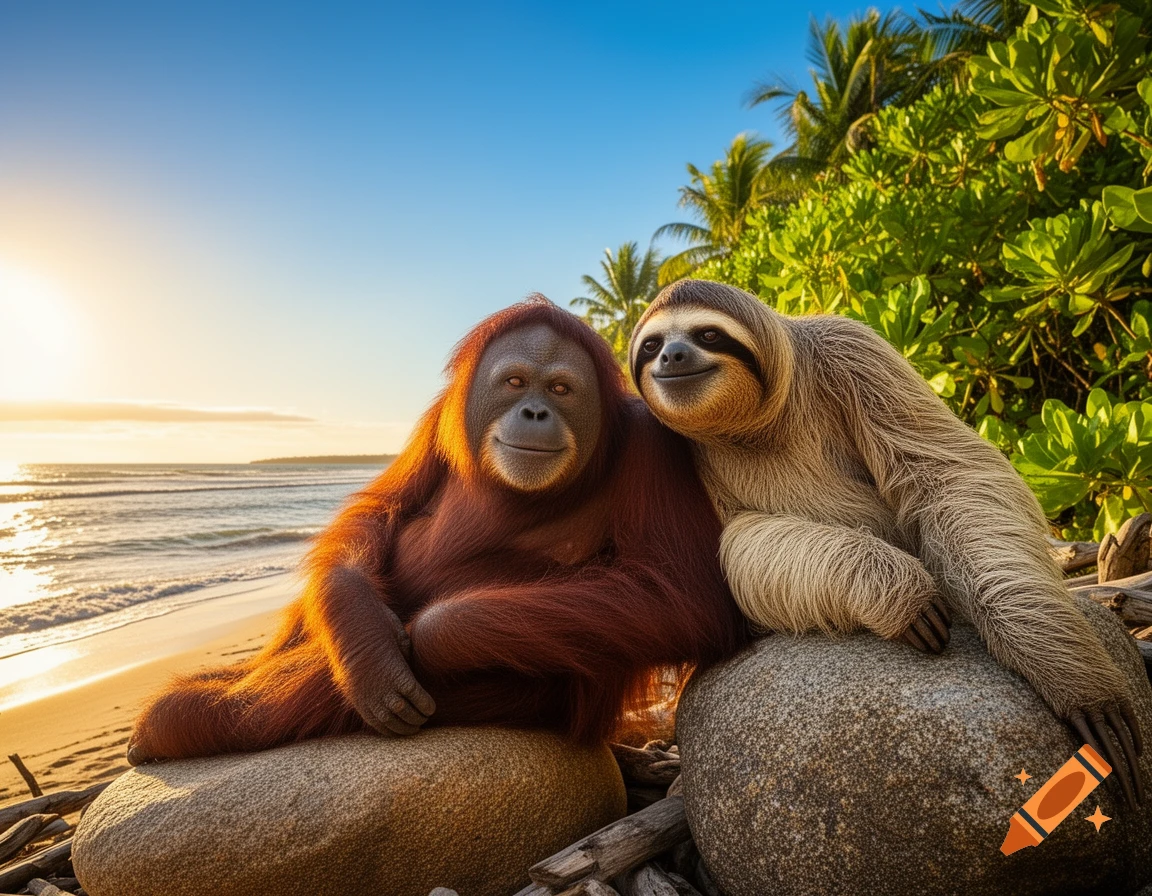 A photorealistic image of a smiling orangutan and sloth sitting on rocks on a sunny tropical beach with palm trees.