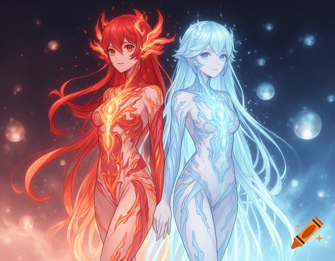 Two anime women, one with fiery red hair and body patterns, the other with icy blue hair and body patterns, stand against a split cosmic background.