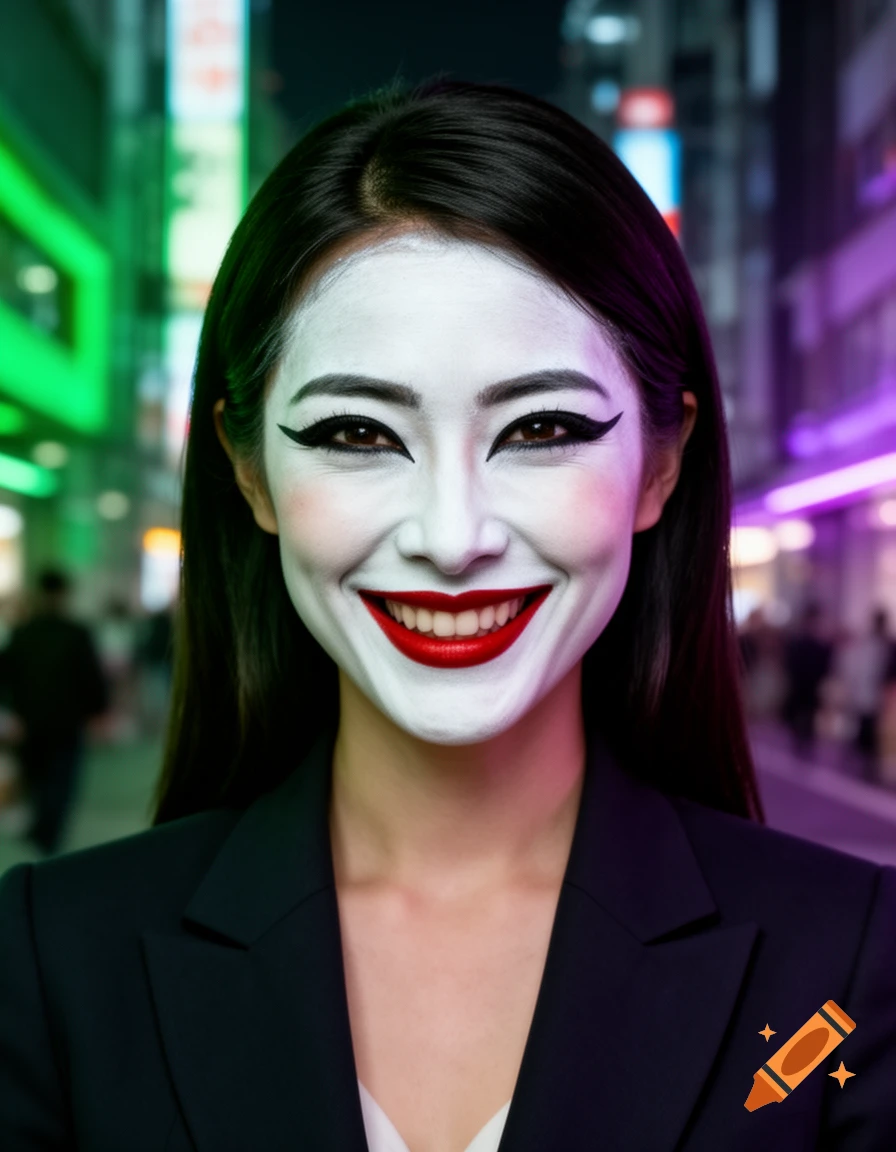 Close-up portrait of an Asian woman smiling with white face paint, red lips, and black exaggerated eye makeup, in an urban street at night.
