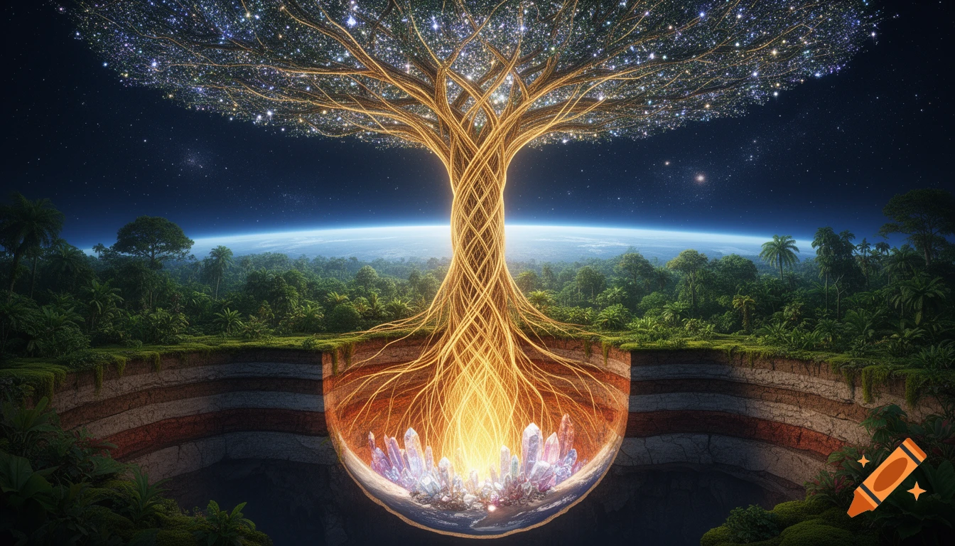 A mystical world tree with golden, glowing roots and trunk emerging from Earth's core with crystals, through a jungle, and into space with a crown of sparkling stars.