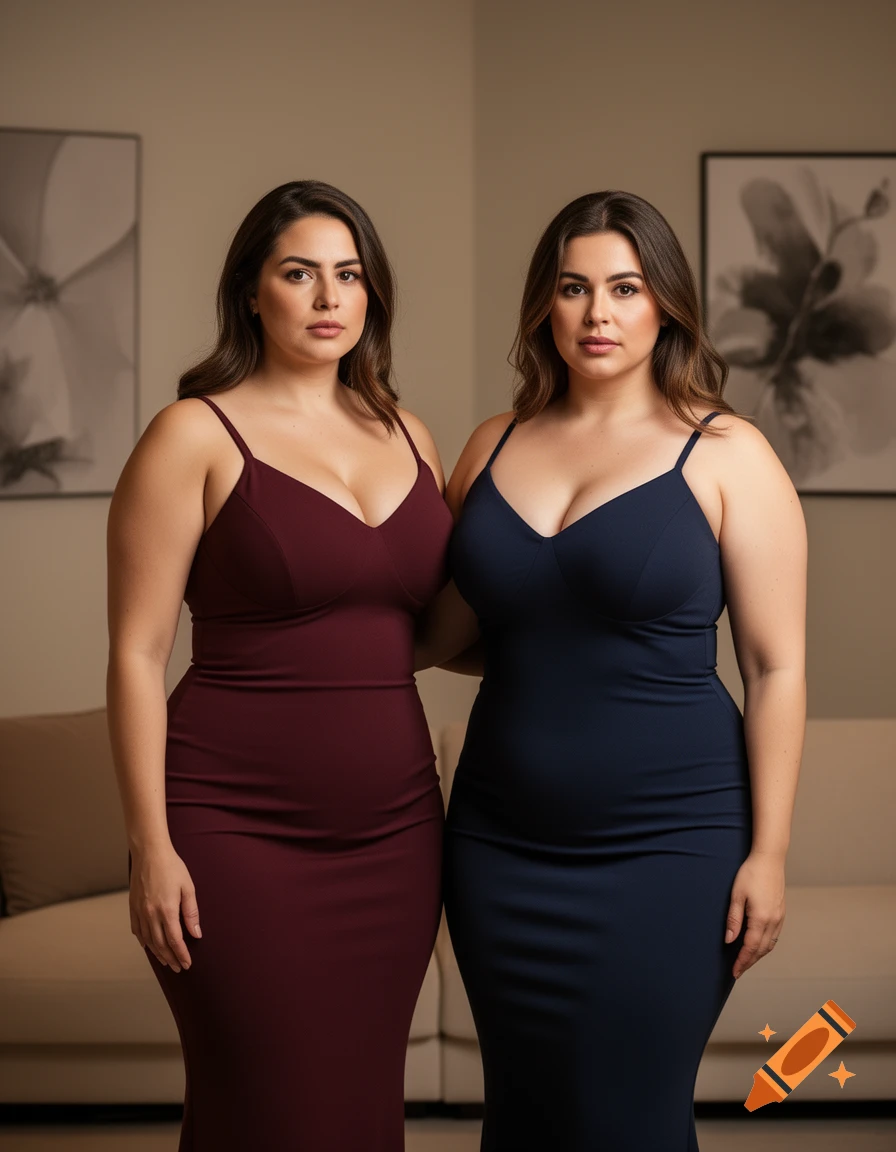 Two women, one in a maroon dress and one in a navy blue dress, stand side-by-side in an indoor setting with abstract art.