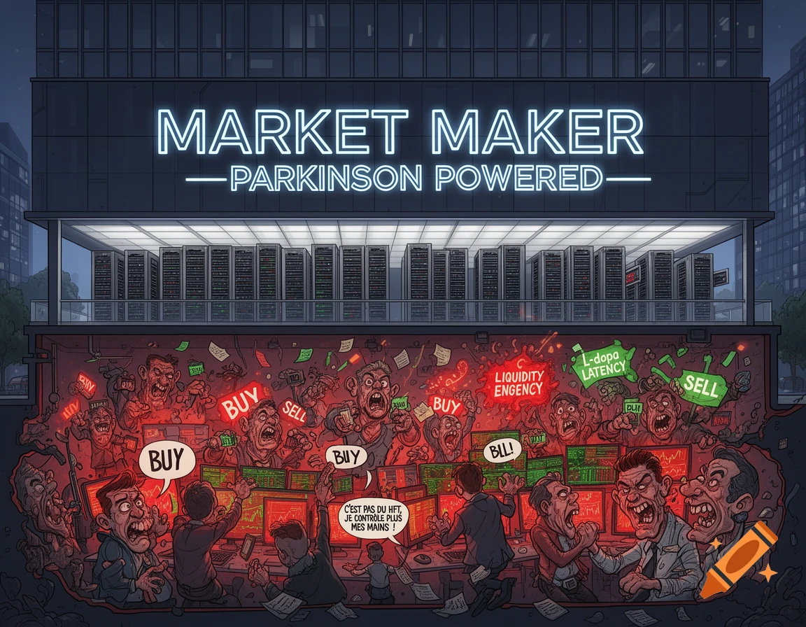 A cutaway illustration of a building with "MARKET MAKER" neon sign above a server room, and below, frenzied traders in a red, chaotic trading floor yelling "BUY" and "SELL" amidst speech bubbles.