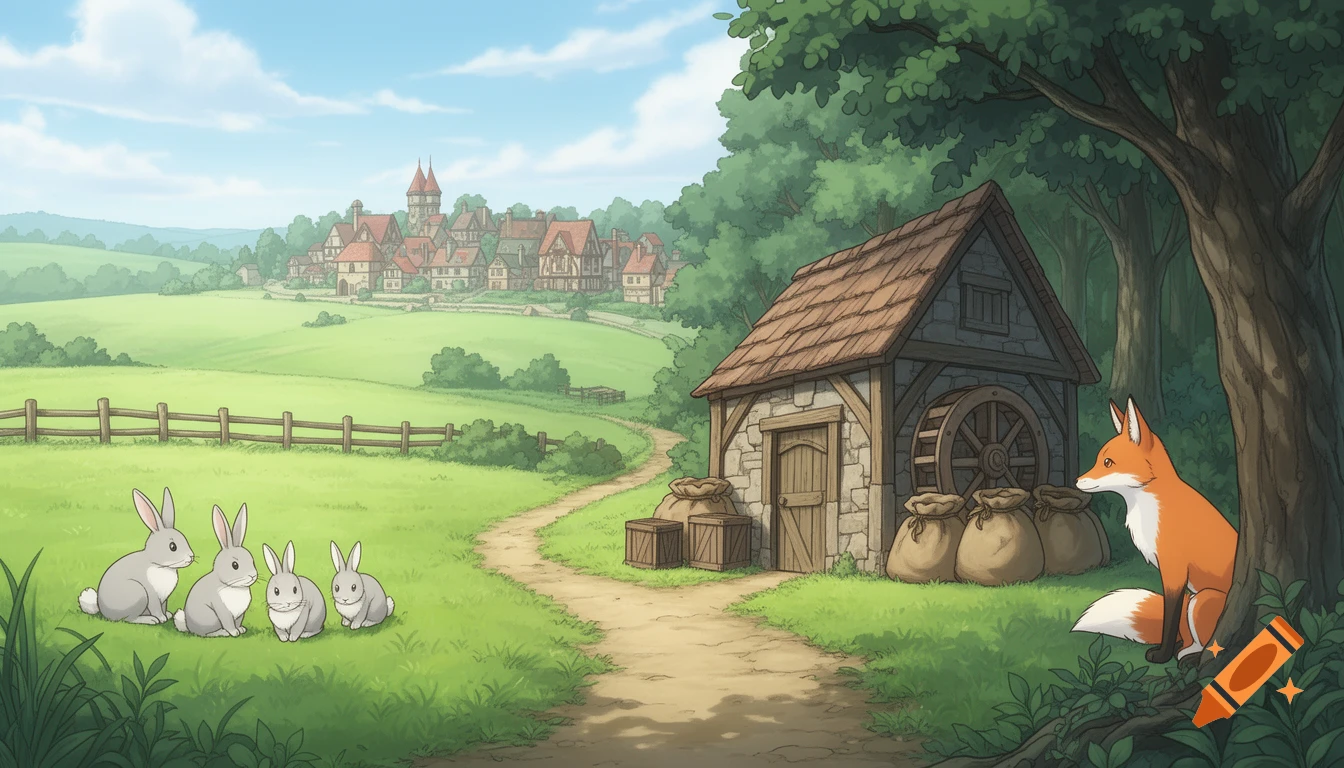 Hand-drawn anime landscape with a mill, a path leading to a village, a fox, and four rabbits.
