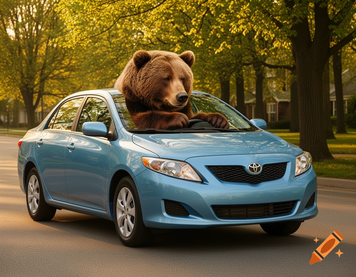 A photorealistic brown bear sits in the driver's seat of a light blue Toyota Corolla on a tree-lined street.