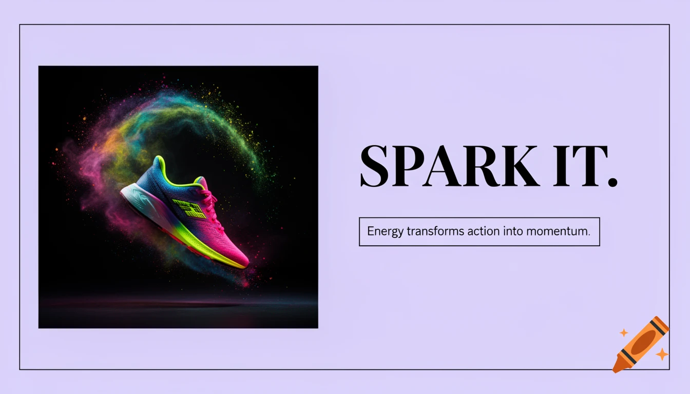 A neon running shoe kicks up colorful dust on a black background, alongside text 'SPARK IT. Energy transforms action into momentum.' on a lilac slide.