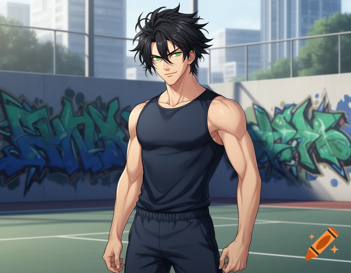 Anime man in a black tank top and shorts on a tennis court, with graffiti on a wall and city buildings in the background.