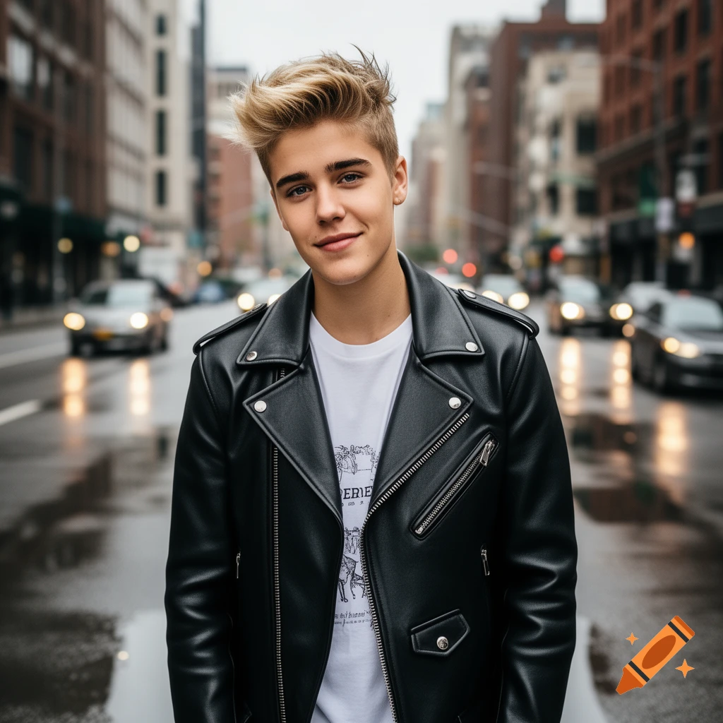 A young man with blonde hair and a black leather jacket smiles, standing on a wet city street with cars in the blurred background.