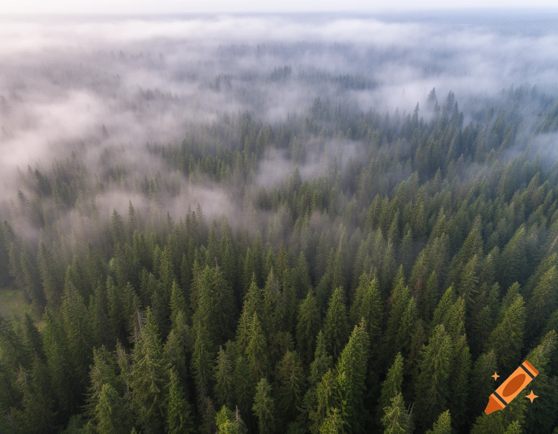 Aerial view of a dense conifer forest shrouded in mist.