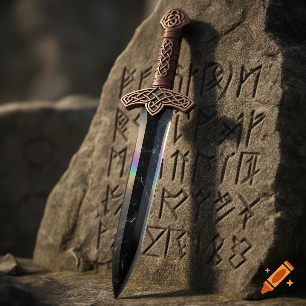 A dark obsidian sword with a Celtic knot hilt leans against a stone covered in carved runes, illuminated by soft light.