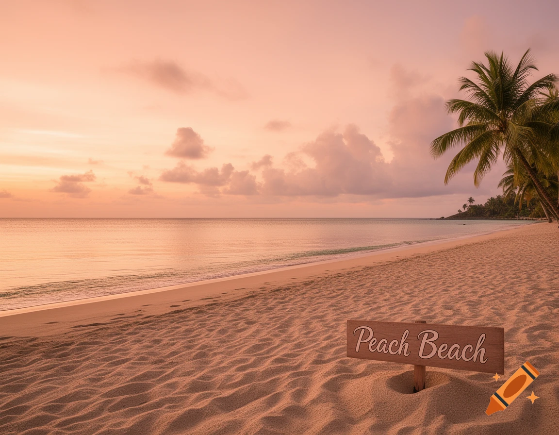 A photorealistic image of a serene peach-colored beach at sunset with a 'Peach Beach' sign in the sand and palm trees.
