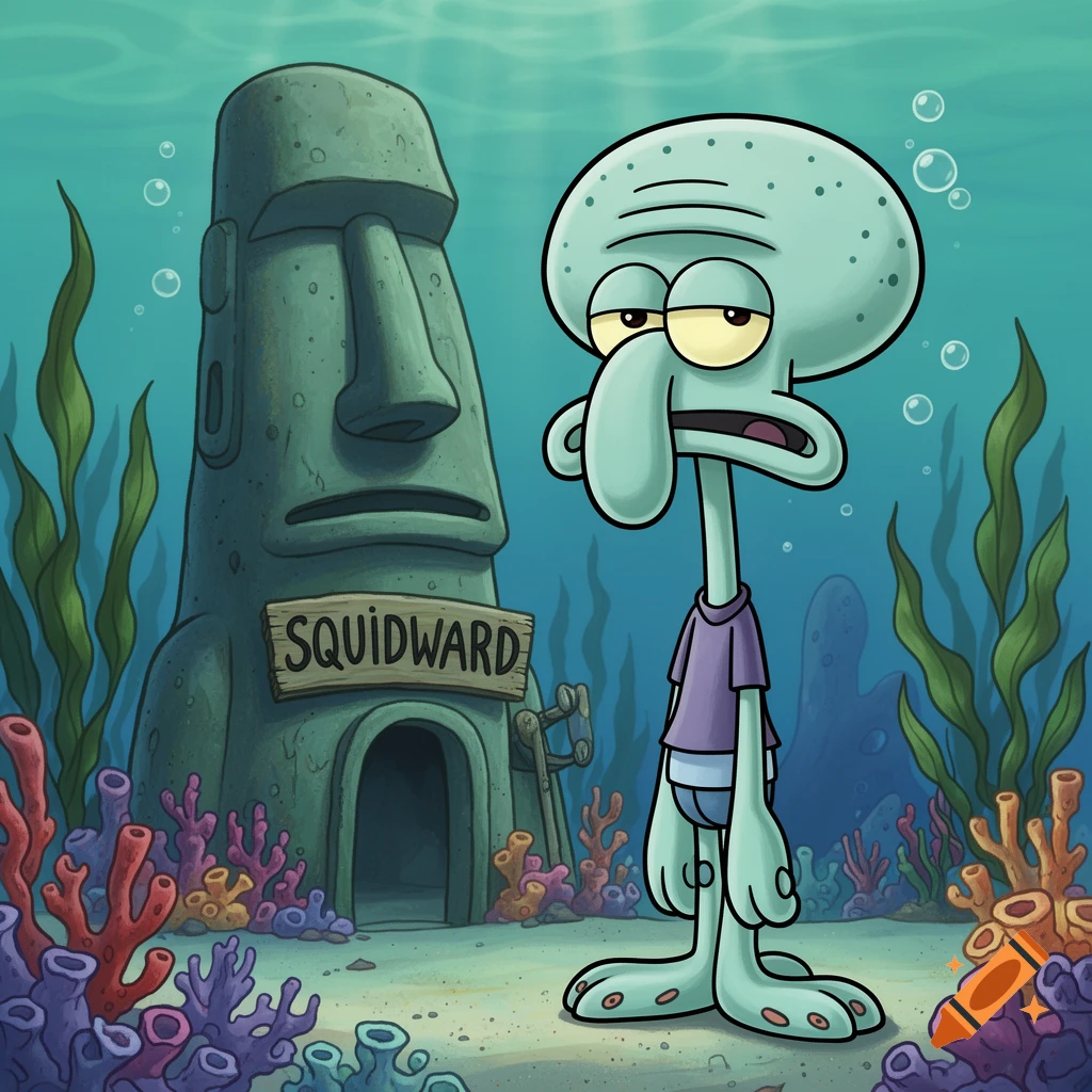 Squidward, a light blue octopus, stands looking annoyed in front of his Easter Island head house underwater, in a cartoon style.