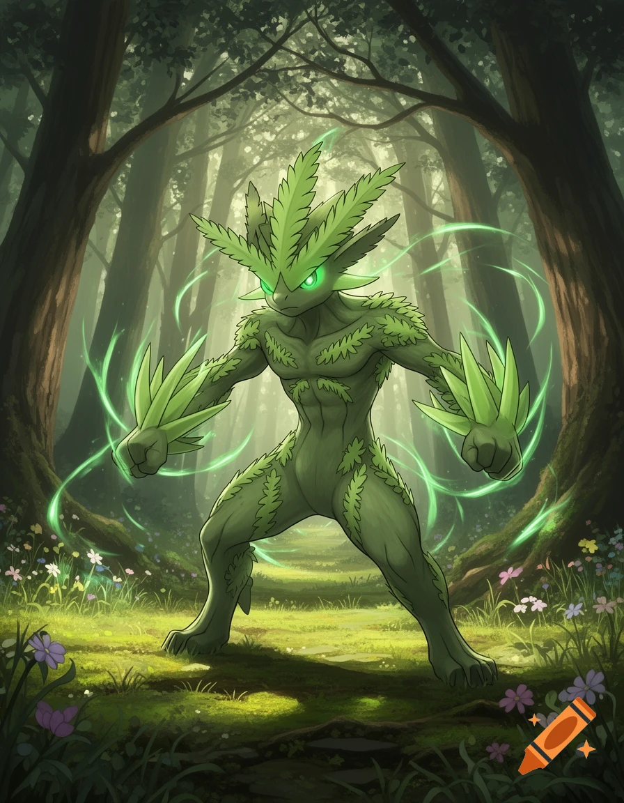 A green, bipedal, plant-like creature with glowing eyes and leafy spikes stands in a forest clearing, surrounded by green energy.